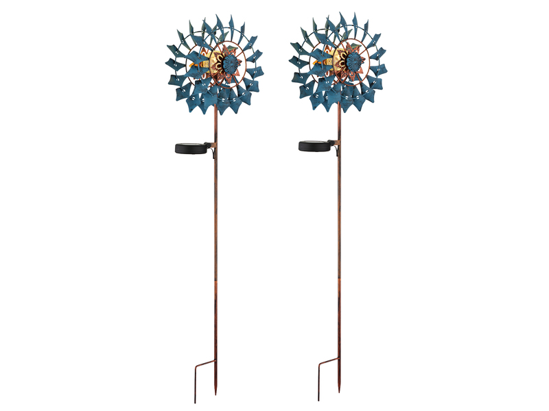 2er Set Solar Gartenstecker Windrad mit Erdspieß in Blau & Kupfer, Höhe 92cm