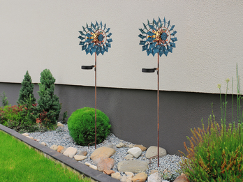2er Set Solar Gartenstecker Windrad mit Erdspieß in Blau & Kupfer, Höhe 92cm