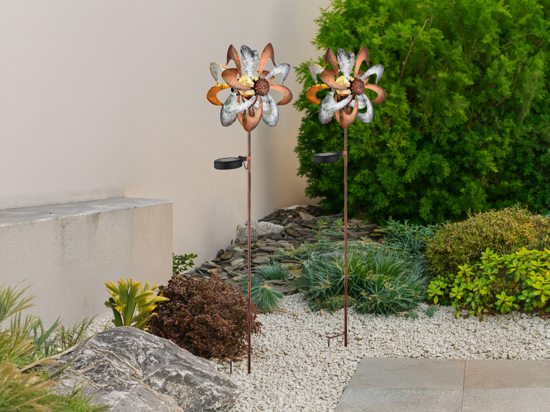 2er Set Solar Gartenstecker Windrad mit Erdspieß in Kupfer & Silber, Höhe 92cm