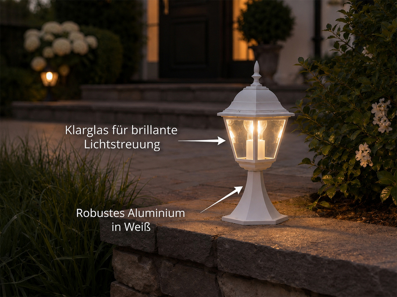 Sockelleuchte LIVENZA nostalgische Gartenlaterne, Aluminium Weiß, Höhe 39cm