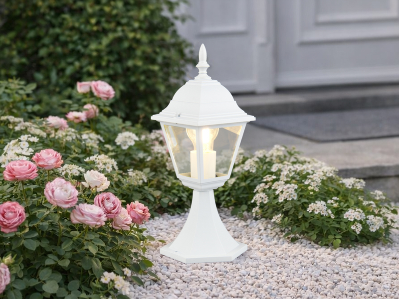 Sockelleuchte LIVENZA nostalgische Gartenlaterne, Aluminium Weiß, Höhe 39cm