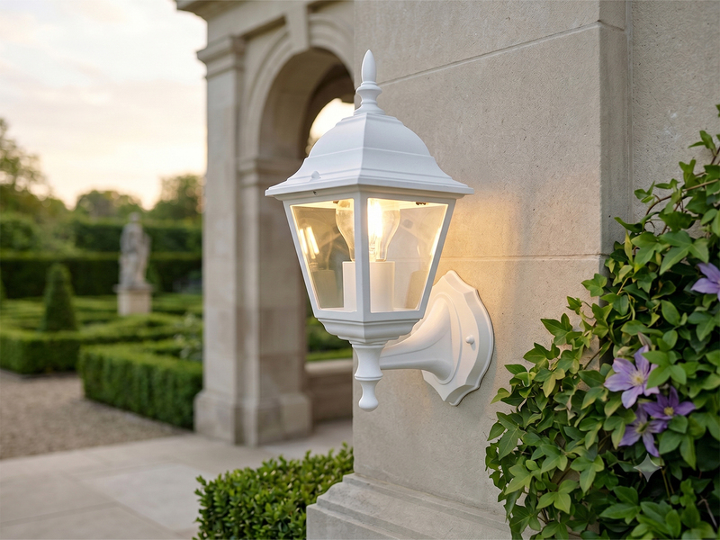 Außenwandleuchte Laterne stehend, Aluminium Weiß mit E27 LED, Höhe 34cm
