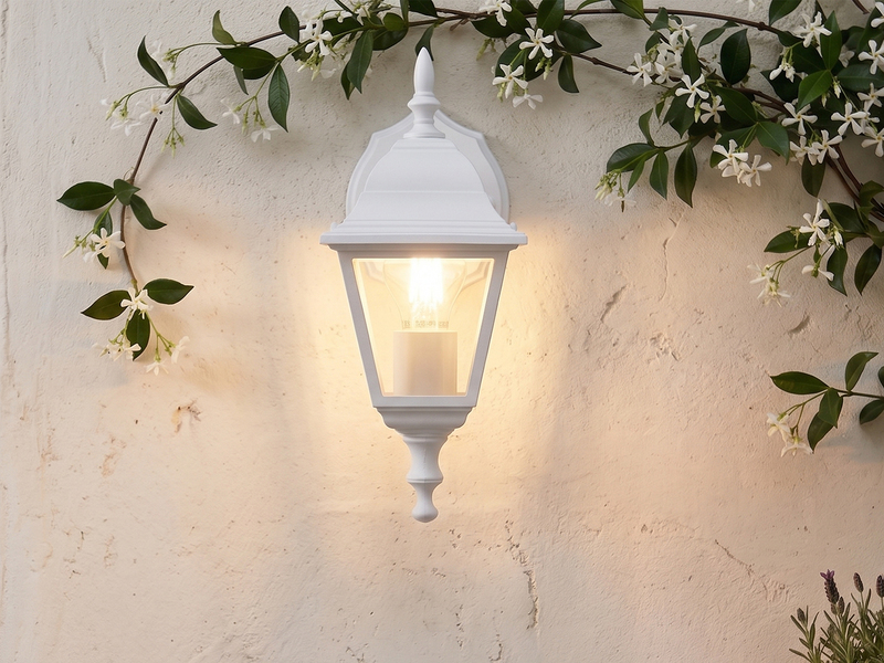 Außenwandleuchte Laterne hängend, Aluminium Weiß mit E27 LED, Höhe 34cm