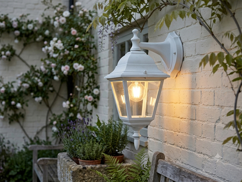 Außenwandleuchte Laterne hängend, Aluminium Weiß mit E27 LED, Höhe 34cm