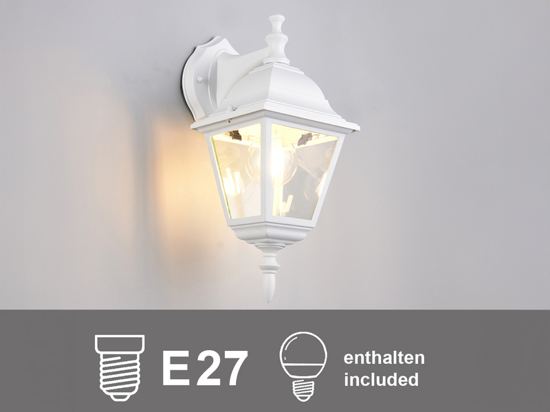 Außenwandleuchte Laterne hängend, Aluminium Weiß mit E27 LED, Höhe 34cm