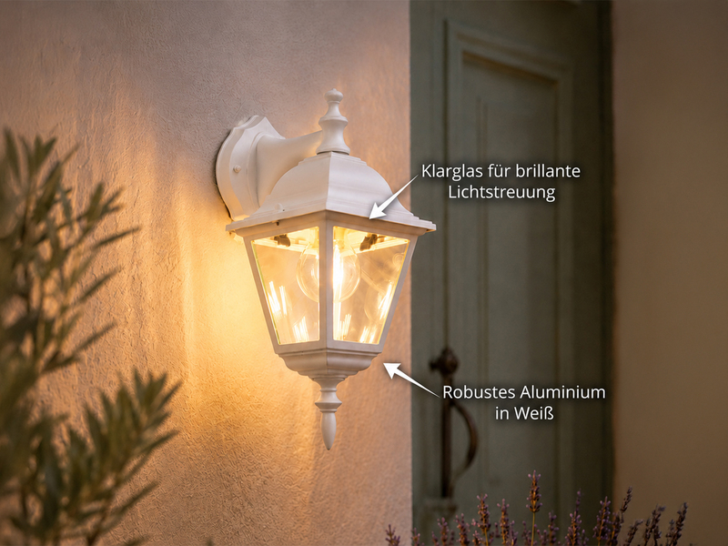 Außenwandleuchte Laterne hängend, Aluminium Weiß mit E27 LED, Höhe 34cm