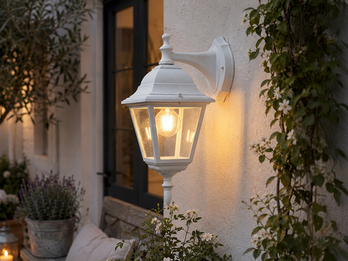 Außenwandleuchte Laterne hängend, Aluminium Weiß mit E27 LED, Höhe 34cm