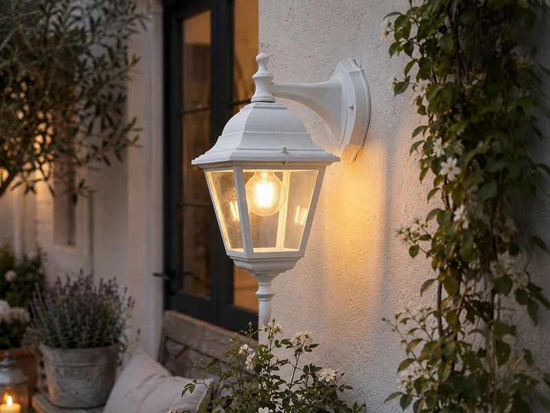 Außenwandleuchte Laterne hängend, Aluminium Weiß mit E27 LED, Höhe 34cm