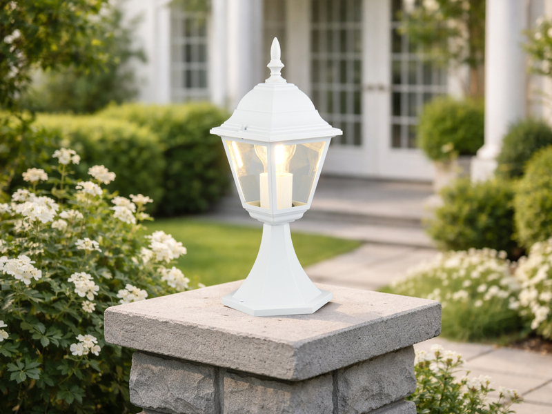 Außen Sockelleuchte Aluminium Weiß, Gartenlaterne mit E27 LED, Höhe 39cm