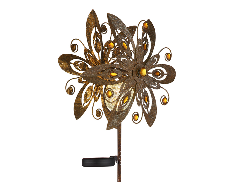 Solar Gartenstecker Windspiel mit Erdspieß aus Metall in Rostoptik, Höhe 124cm