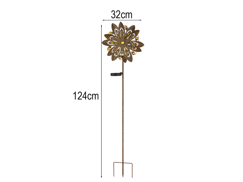 Solar Gartenstecker Windspiel mit Erdspieß aus Metall in Rostoptik, Höhe 124cm
