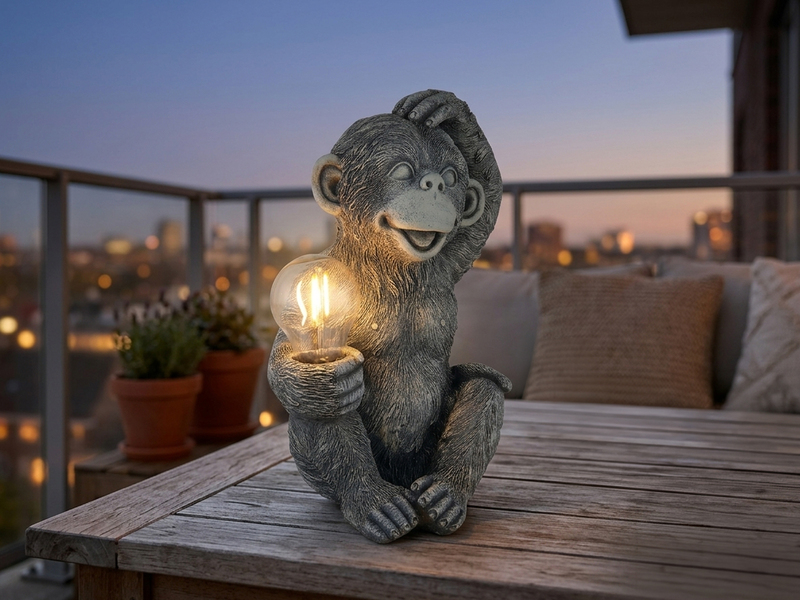 LED Deko Solarleuchte Affenlampe aus Kunststoff Grau, Höhe 27,5cm