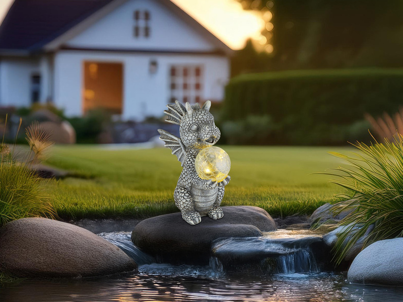 LED Deko Solarleuchte Drachenlampe aus Kunststoff Grau, Höhe 27,5cm