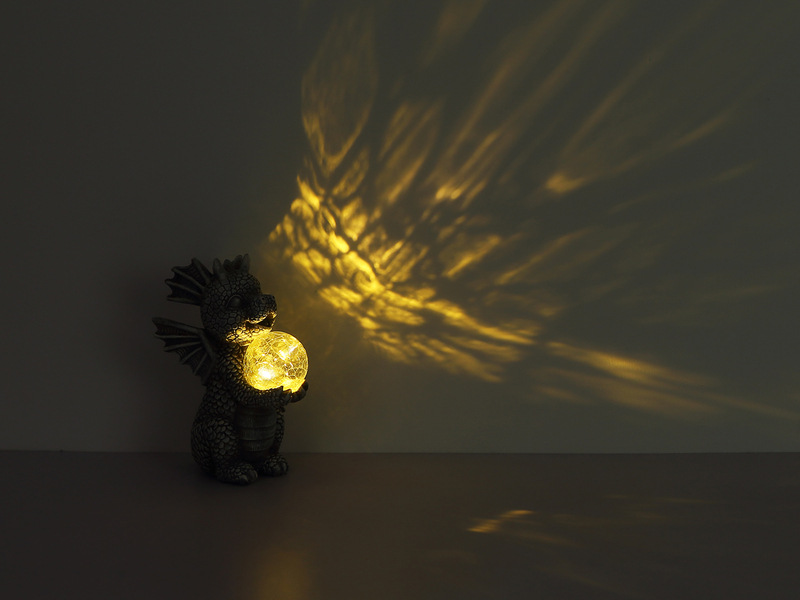 LED Deko Solarleuchte Drachenlampe aus Kunststoff Grau, Höhe 27,5cm