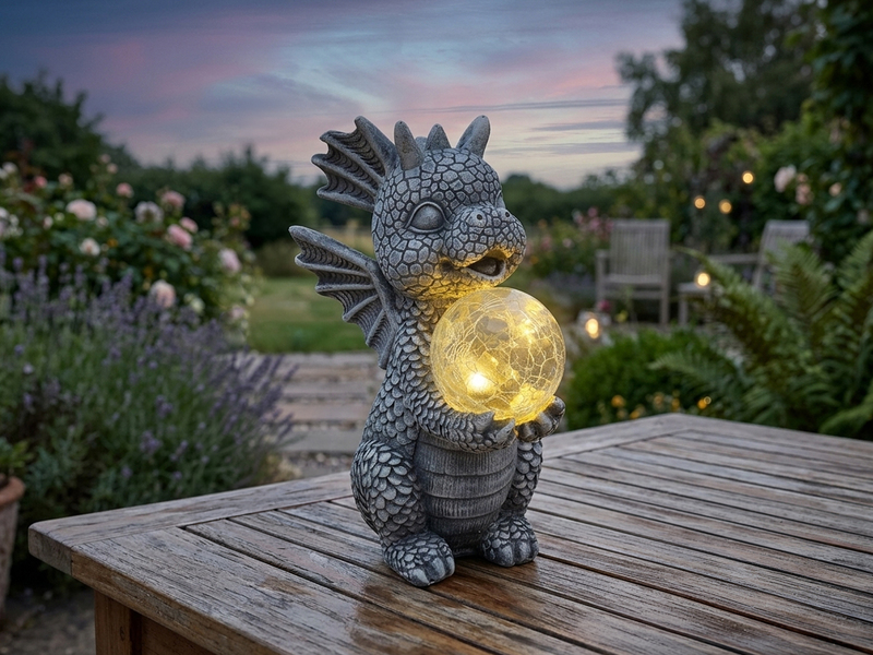 LED Deko Solarleuchte Drachenlampe aus Kunststoff Grau, Höhe 27,5cm