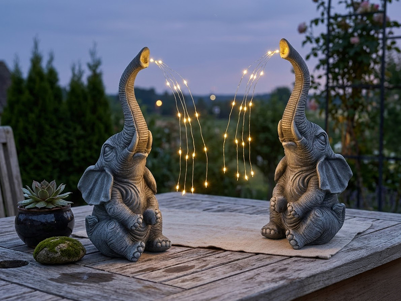 2er Set LED Deko Solarleuchten Elefantenlampen aus Kunststoff Grau, Höhe 32,5cm