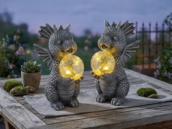 2er Set LED Deko Solarleuchten Drachenlampen aus Kunststoff Grau, Höhe 27,5cm
