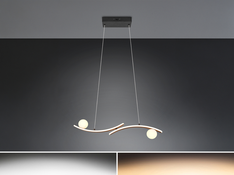 LED Pendelleuchte NAPOLI Schwarz, dimmbar mit 2 Glaskugeln, Breite 82cm