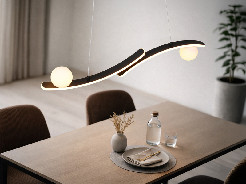 LED Pendelleuchte NAPOLI Schwarz, dimmbar mit 2 Glaskugeln, Breite 82cm