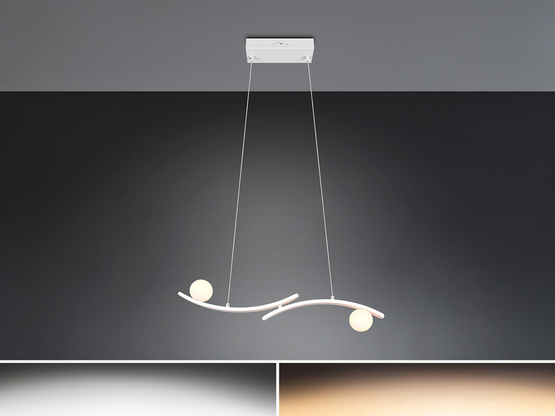 LED Pendelleuchte NAPOLI Weiß, dimmbar mit 2 Glaskugeln, Breite 82cm