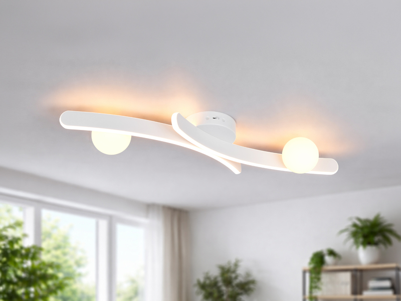 Moderne LED Deckenleuchte NAPOLI Weiß, dimmbar mit 2 Glaskugeln, Breite 70cm