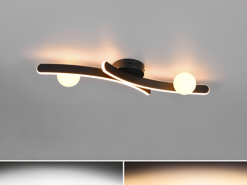 Moderne LED Deckenleuchte NAPOLI Schwarz, dimmbar mit 2 Glaskugeln, Breite 70cm