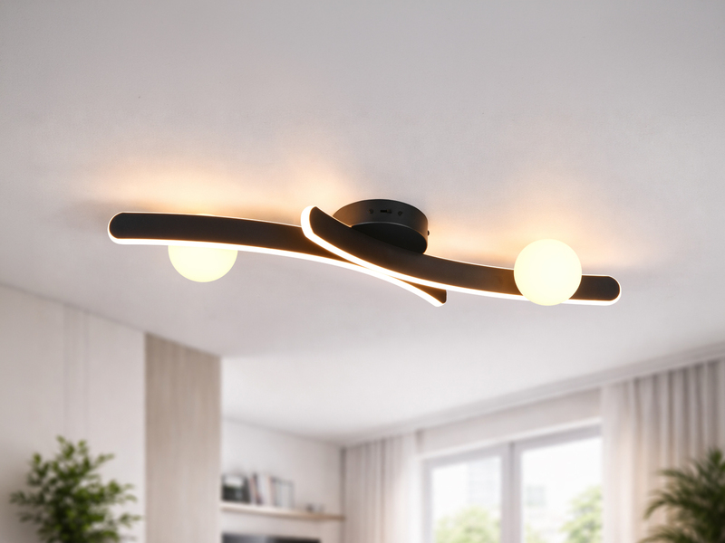 Moderne LED Deckenleuchte NAPOLI Schwarz, dimmbar mit 2 Glaskugeln, Breite 70cm