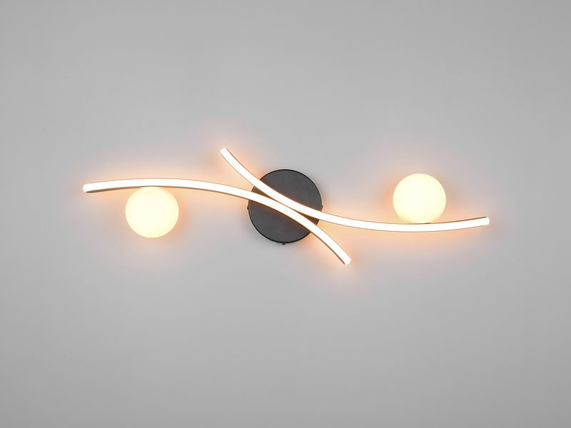 Moderne LED Deckenleuchte NAPOLI Schwarz, dimmbar mit 2 Glaskugeln, Breite 70cm