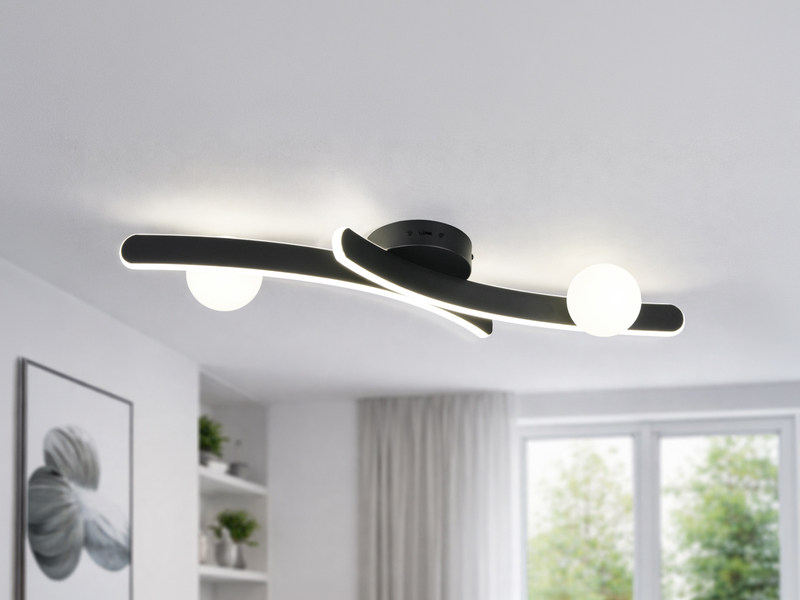 Moderne LED Deckenleuchte NAPOLI Schwarz, dimmbar mit 2 Glaskugeln, Breite 70cm