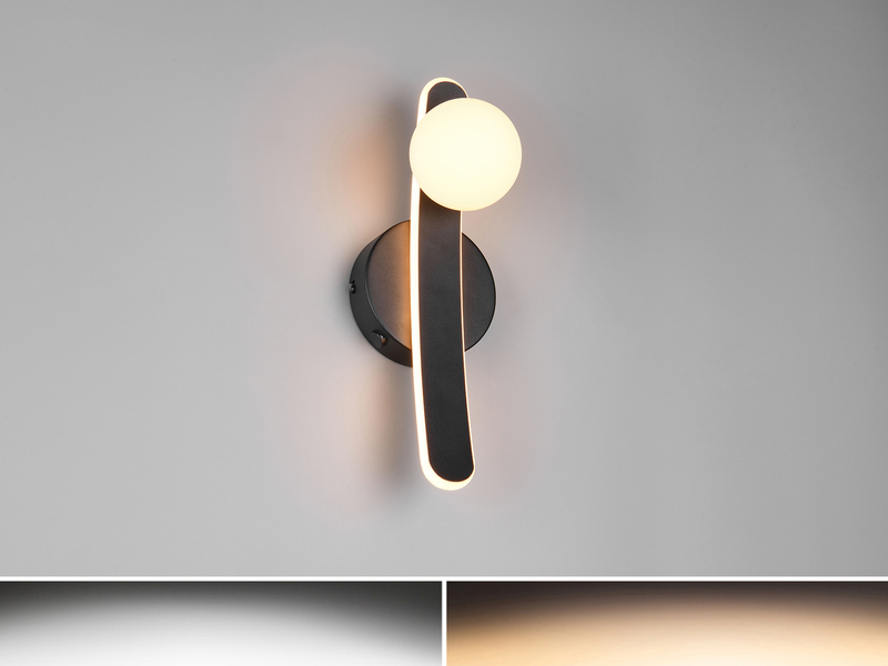 LED Wandleuchte NAPOLI Schwarz mit Schalter & Glaskugel Weiß, Höhe 34,5cm