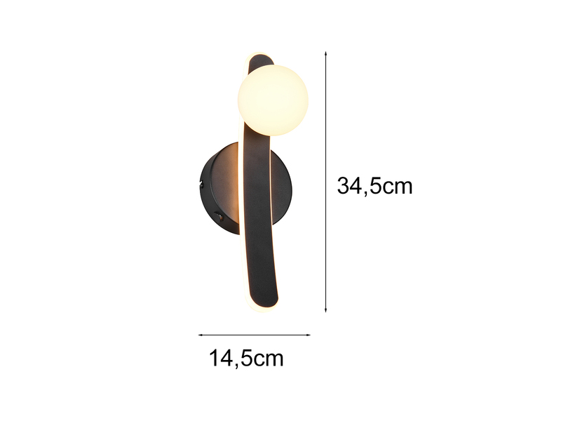LED Wandleuchte NAPOLI Schwarz mit Schalter & Glaskugel Weiß, Höhe 34,5cm
