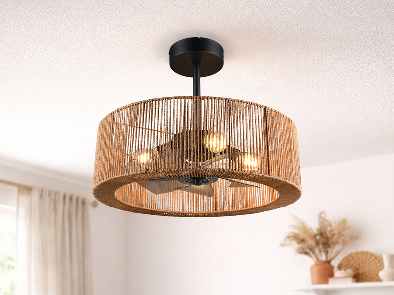 Große Boho LED Deckenleuchte Natur mit Ventilator & Fernbedienung Ø 61cm