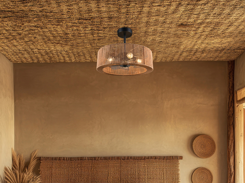 Große Boho LED Deckenleuchte Natur mit Ventilator & Fernbedienung Ø 61cm