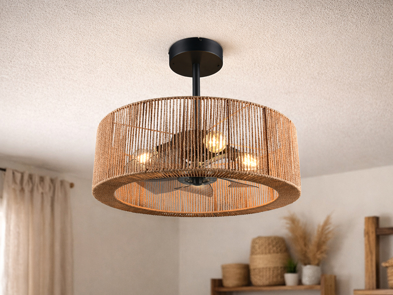 Große Boho LED Deckenleuchte Natur mit Ventilator & Fernbedienung Ø 61cm