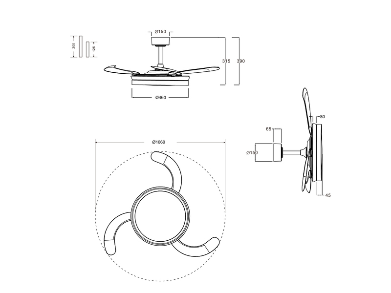LED Deckenleuchte KERAVA mit Ventilator und Fernbedienung Ø 46cm - max. 106cm