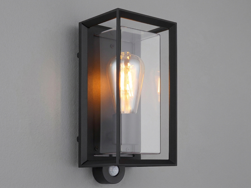 Außenwandleuchte LOGANA Laterne mit Bewegungsmelder in Schwarz, Höhe 28cm