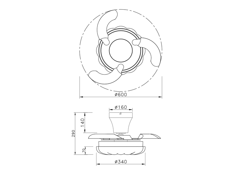 LED Deckenleuchte BORAS mit Ventilator und Fernbedienung Ø 34cm - max. 60cm