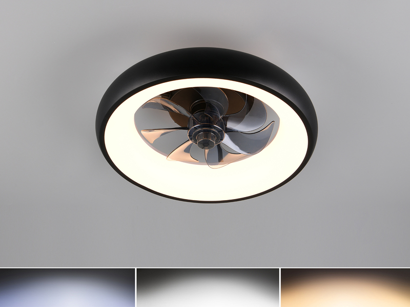 Moderne LED Deckenleuchte MUONIO Schwarz mit Ventilator und Fernbedienung Ø 40cm