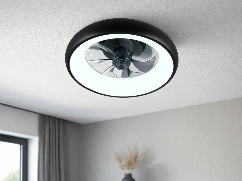 Moderne LED Deckenleuchte MUONIO Schwarz mit Ventilator und Fernbedienung Ø 40cm