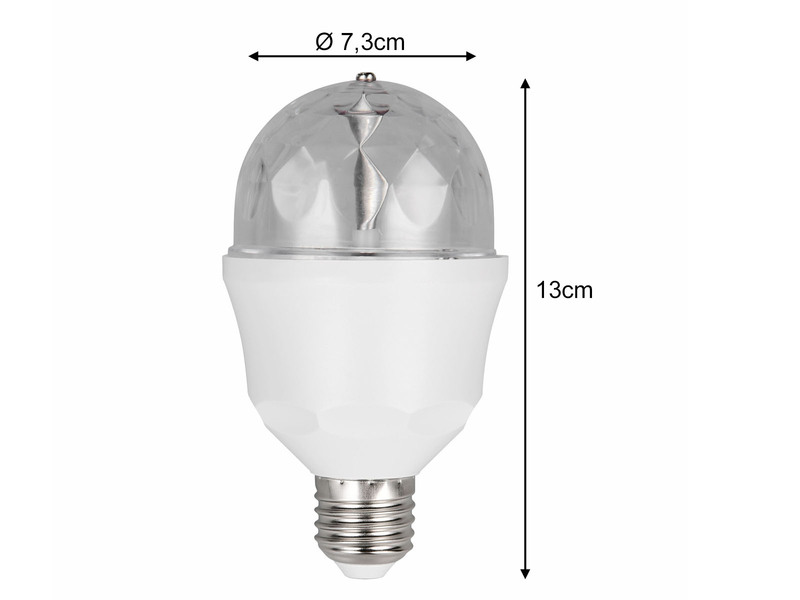 E27 Deko LED mit rotierendem RGB Farbwechsel - 3 Watt, Ø 7,3cm