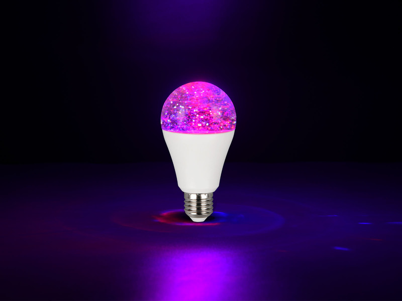 E27 Deko LED mit RGB Farbwechsel & Glitzereffekt - 2,5 Watt, Ø 6,5cm