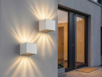 2er Set LED Außenwandleuchten Würfel aus Aluminium in Weiß, 10x10cm