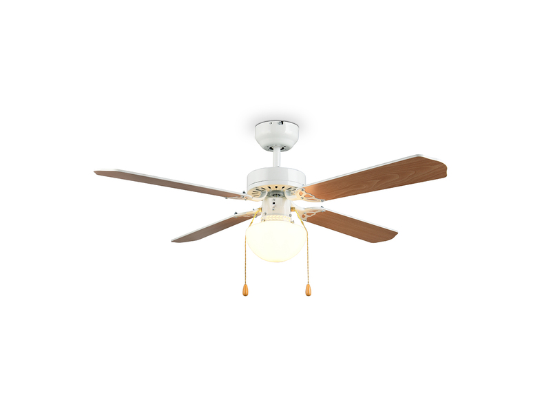 LED Deckenventilator mit Licht & Zugschalter, Weiß Holzoptik Ø 106,5cm