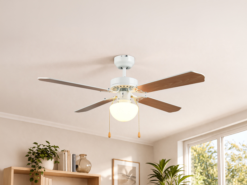 LED Deckenventilator mit Licht & Zugschalter, Weiß Holzoptik Ø 106,5cm