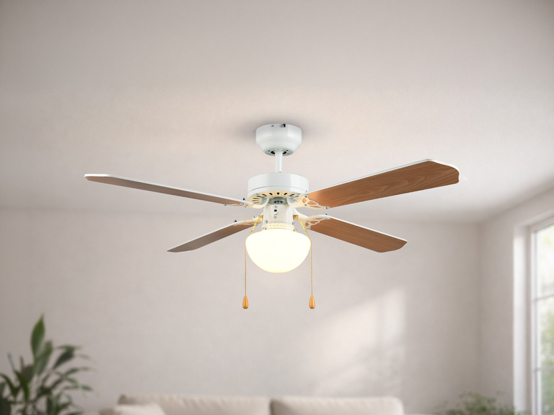 LED Deckenventilator mit Licht & Zugschalter, Weiß Holzoptik Ø 106,5cm