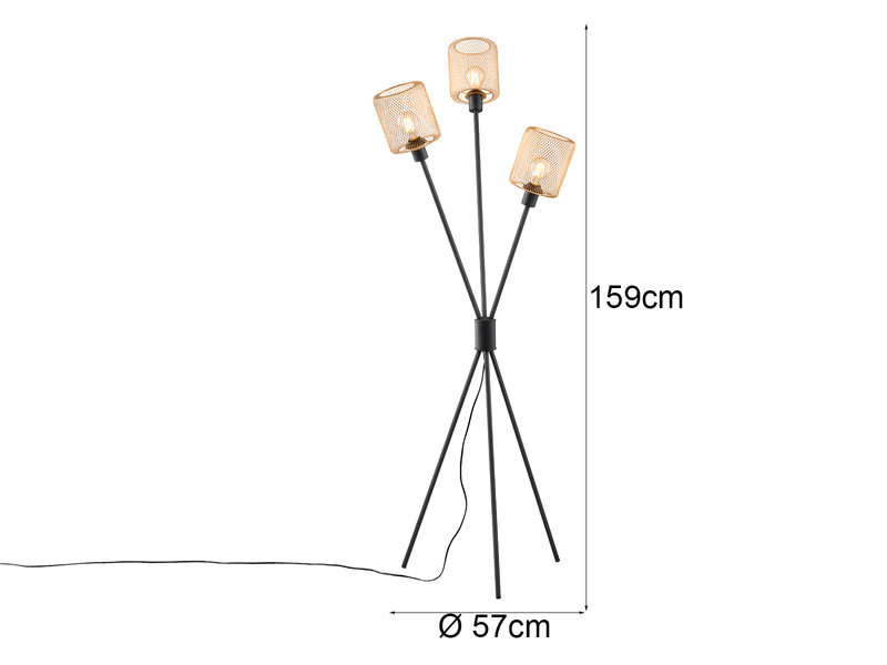 Ausgefallene Dreibein Stehlampe SELA Schwarz Metall Gold Drahtgeflecht H: 159cm
