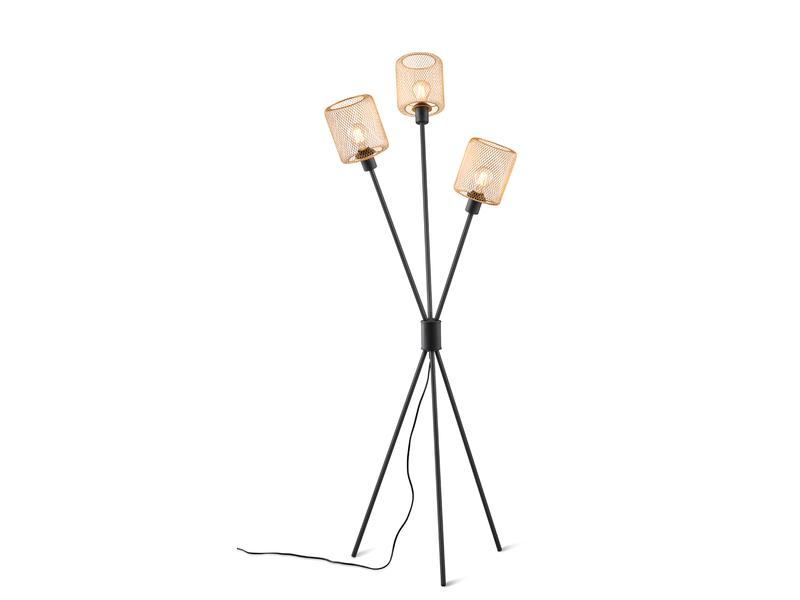 Ausgefallene Dreibein Stehlampe SELA Schwarz Metall Gold Drahtgeflecht H: 159cm