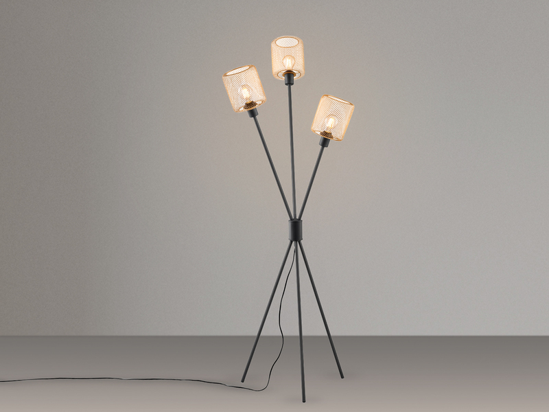 Ausgefallene Dreibein Stehlampe SELA Schwarz Metall Gold Drahtgeflecht H: 159cm