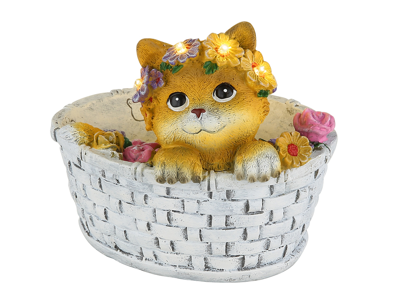 Verspielte LED Deko Solarleuchte Katze und Blumen im Korb, Höhe 15cm