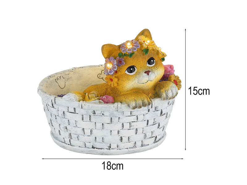 Verspielte LED Deko Solarleuchte Katze und Blumen im Korb, Höhe 15cm